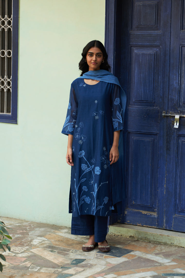 indigo floral embroidered kurta set