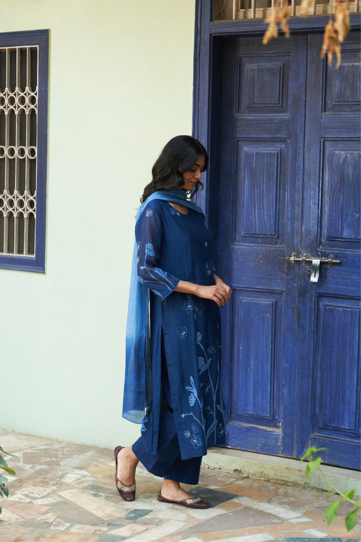 indigo floral embroidered kurta set