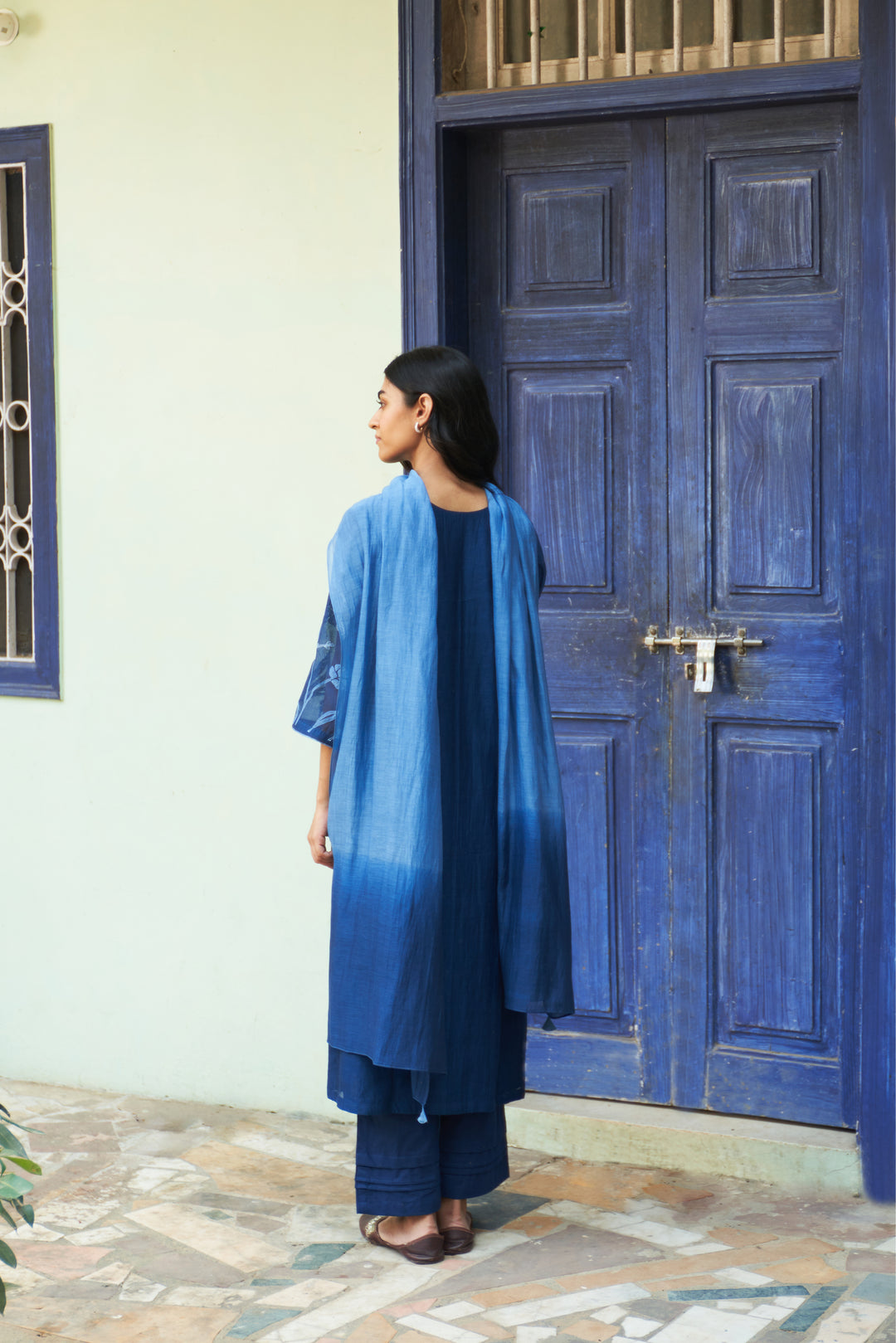 indigo floral embroidered kurta set