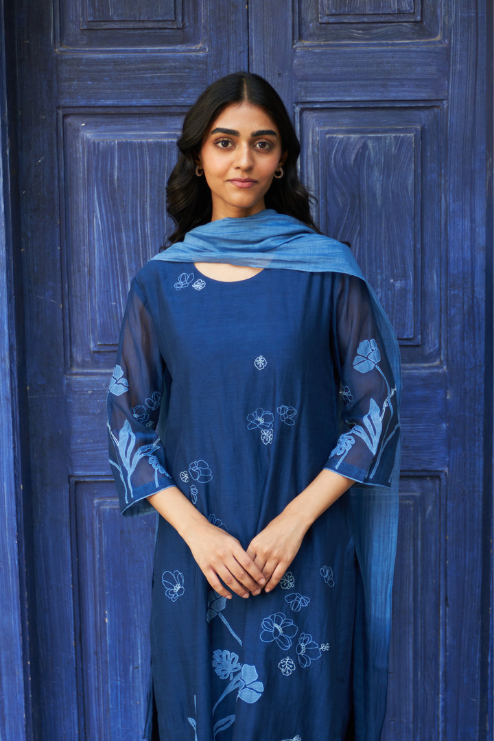 indigo floral embroidered kurta set