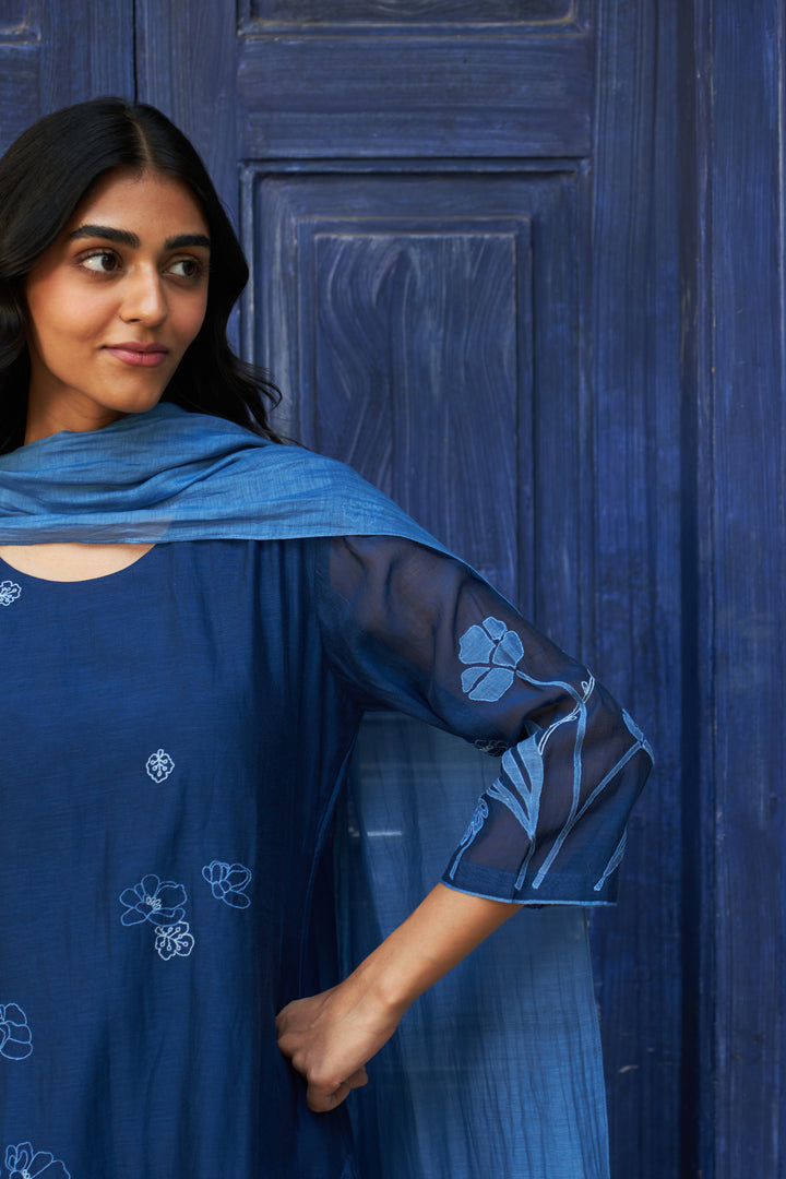 indigo floral embroidered kurta set