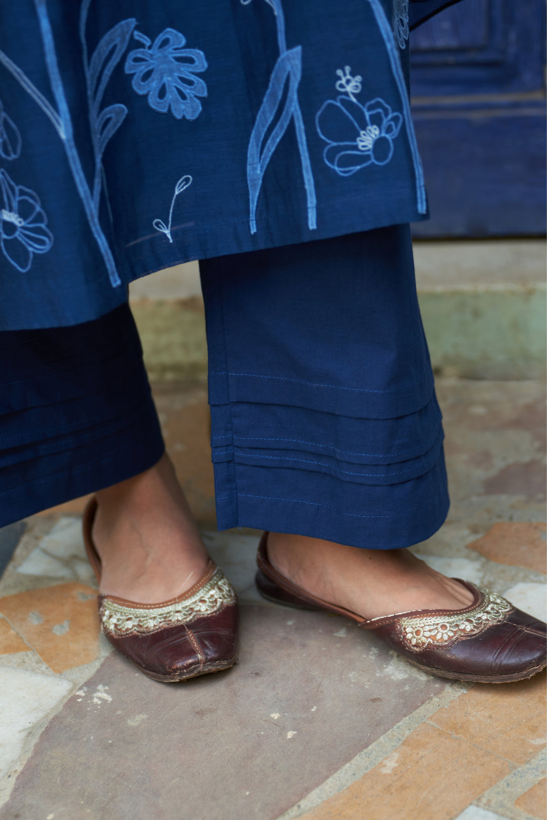 indigo floral embroidered kurta set