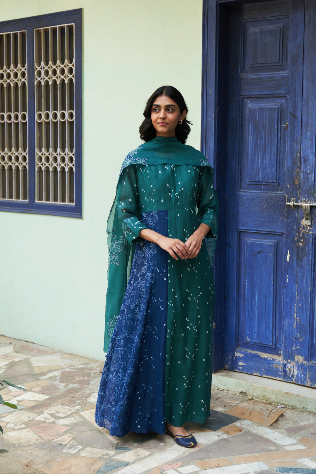 emerald printed anarkali set