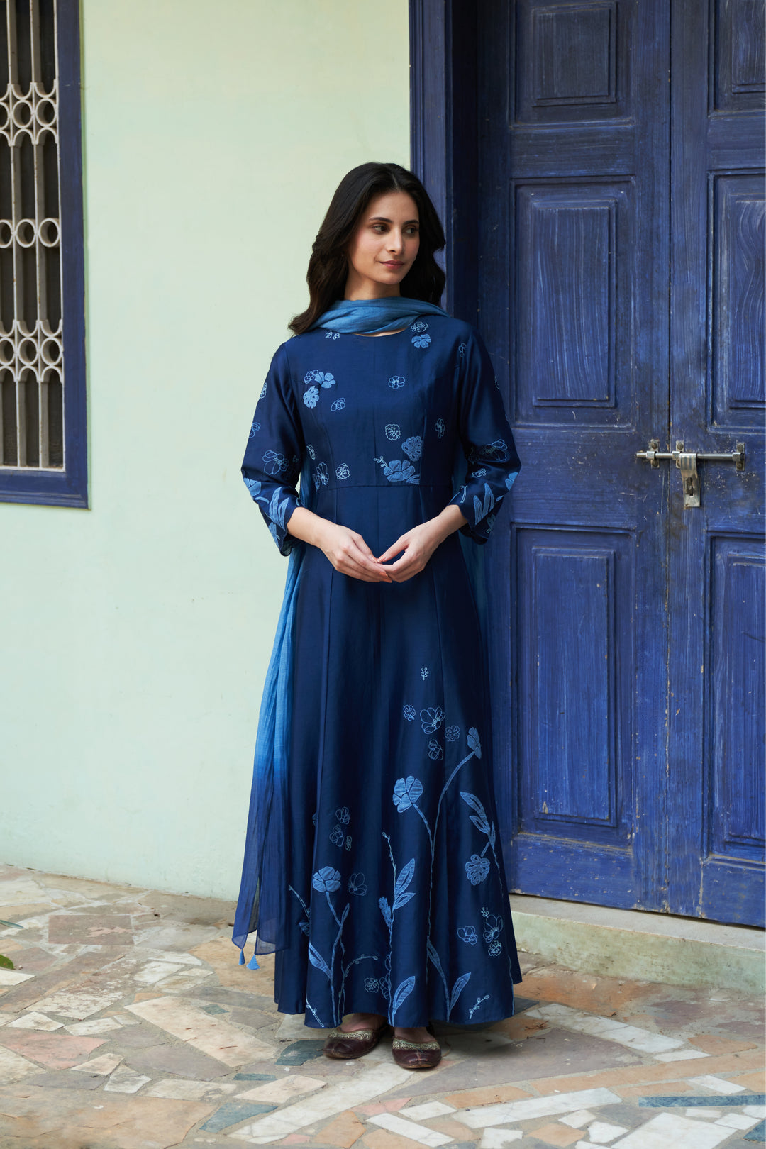 indigo floral anarkali set