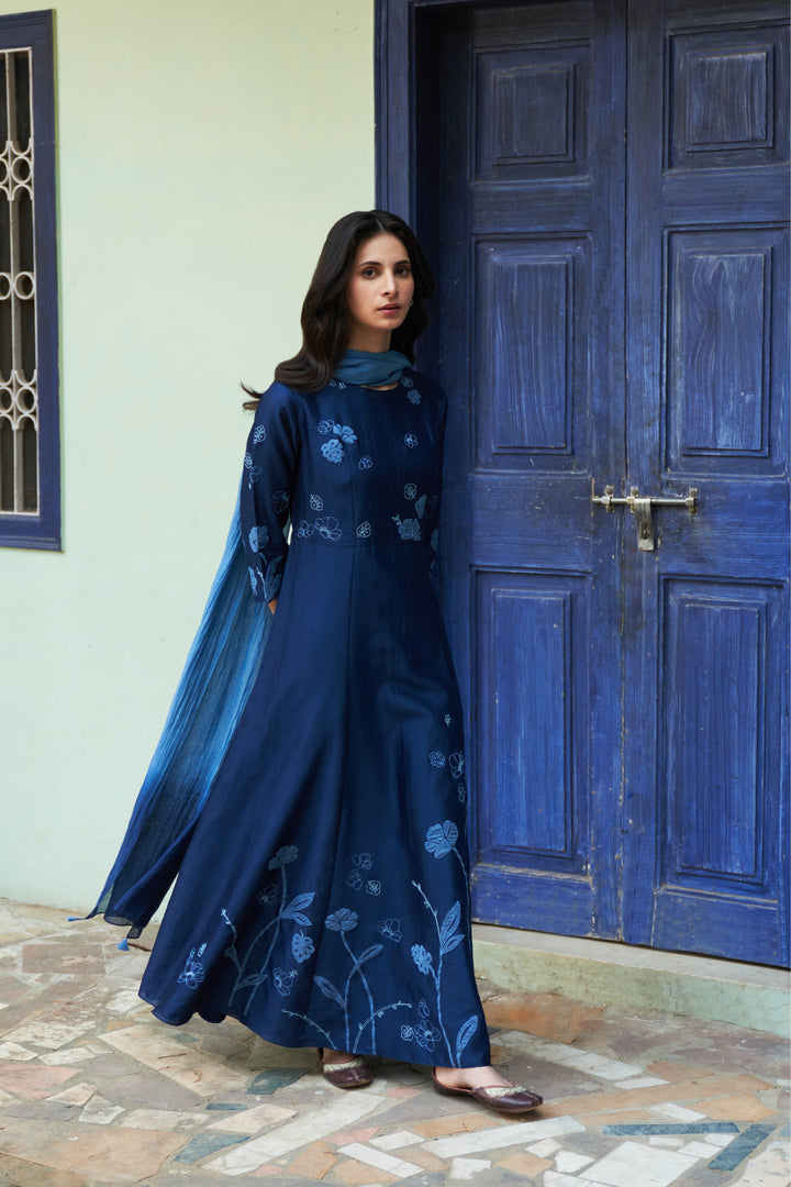 indigo floral anarkali set