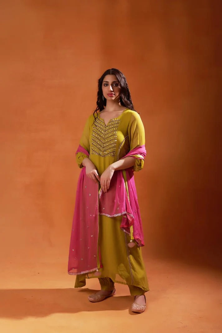 olive green and pink embroidered salwar kameez set