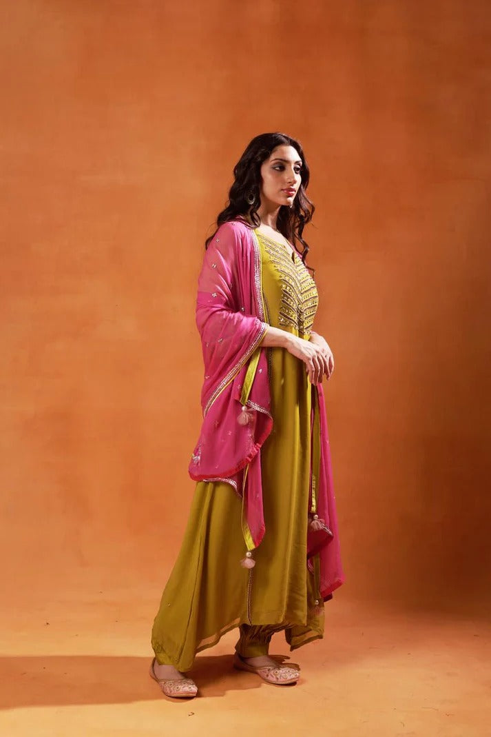 olive green and pink embroidered salwar kameez set