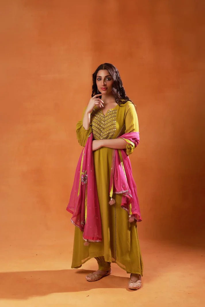 olive green and pink embroidered salwar kameez set