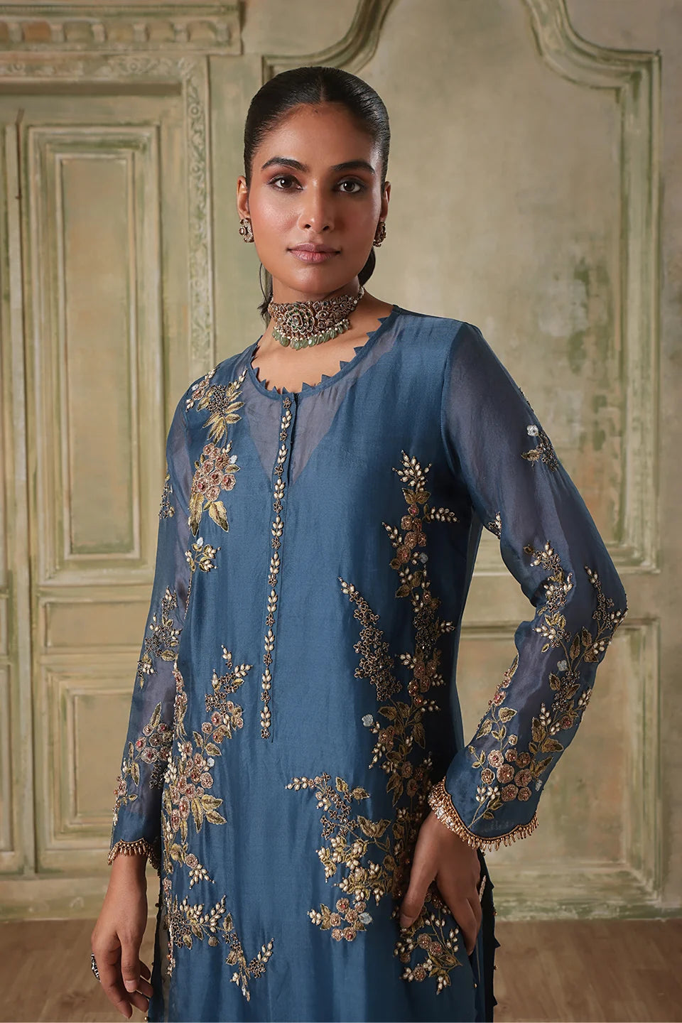 Zar-Rang Blue Multicolor Jaal Kurta Set