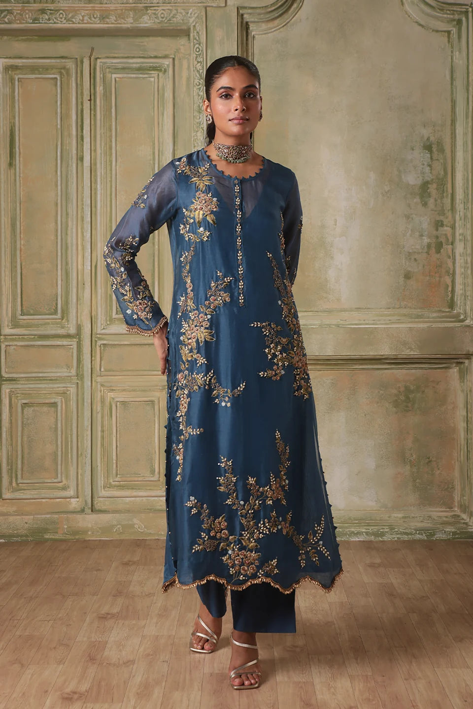 Zar-Rang Blue Multicolor Jaal Kurta Set