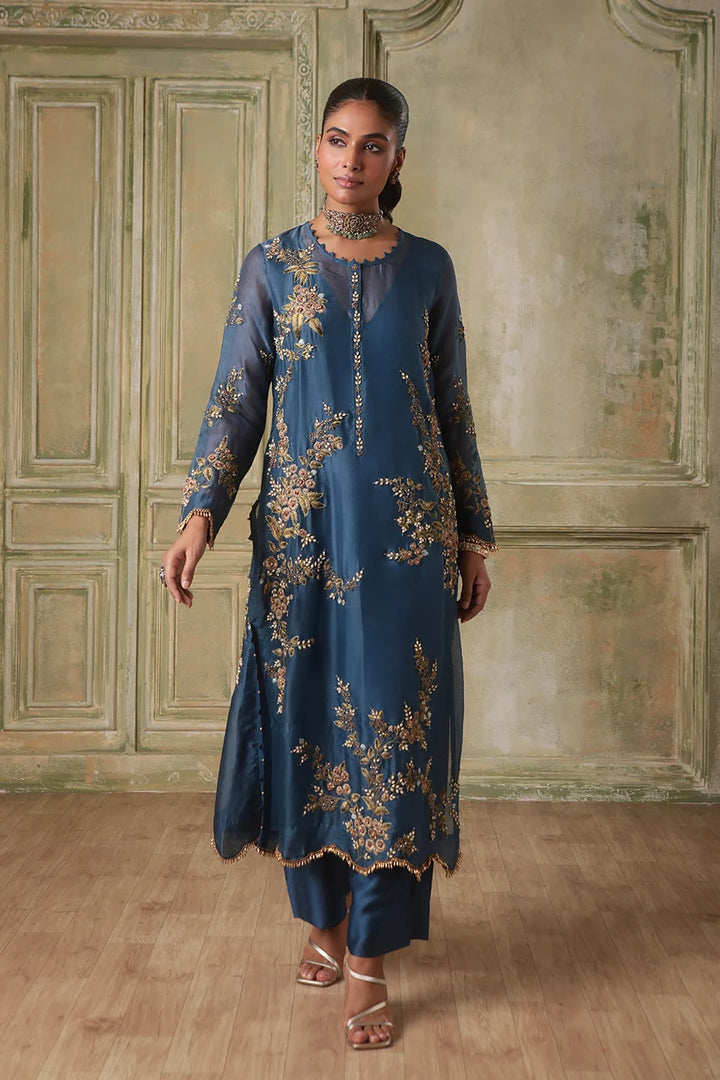 Zar-Rang Blue Multicolor Jaal Kurta Set