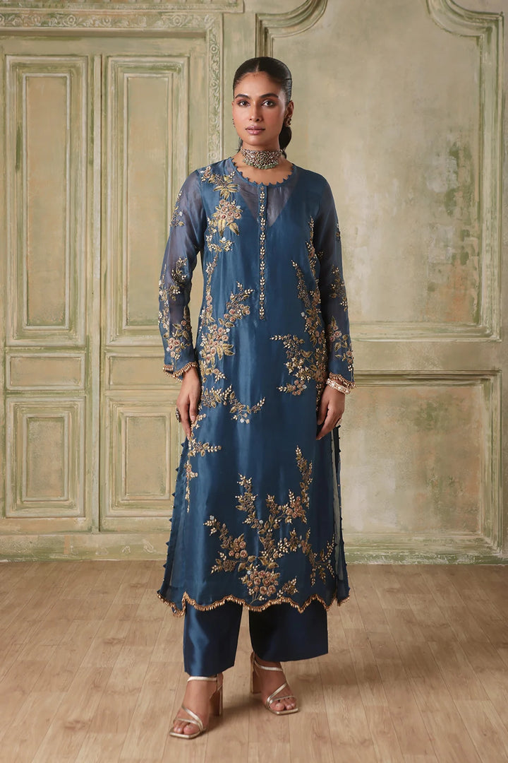 Zar-Rang Blue Multicolor Jaal Kurta Set