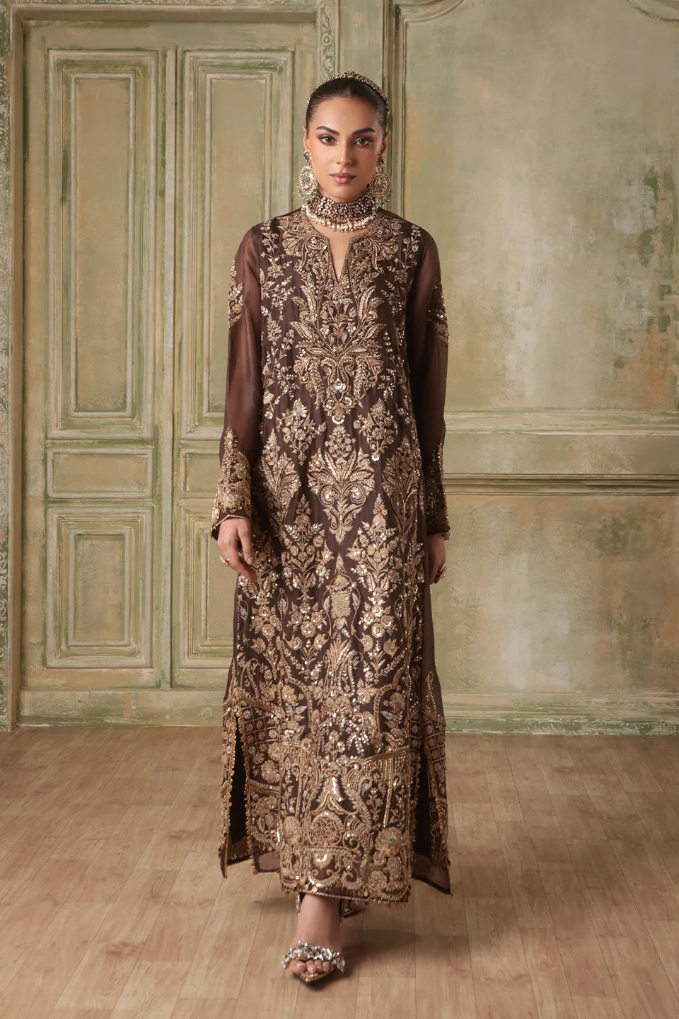 Zar-Rang Brown Heavy Jaal Kaftan Set