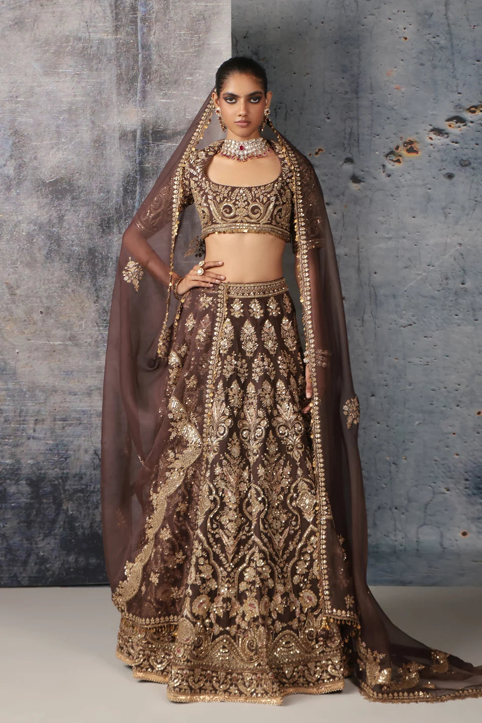 Zar-Rang Brown Jaal Lehenga Set
