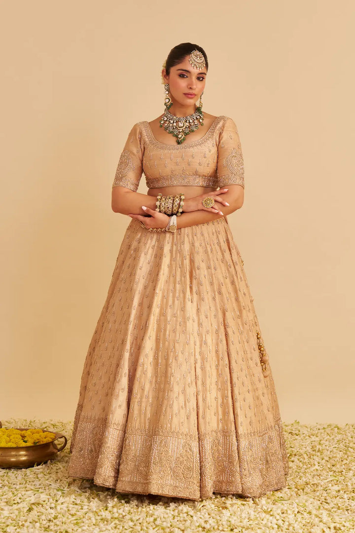 Woman in a traditional beige lehenga with jewelry on a beige background