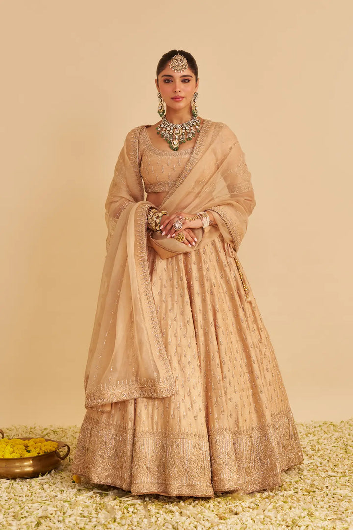 Woman in a traditional beige lehenga with jewelry against a beige background