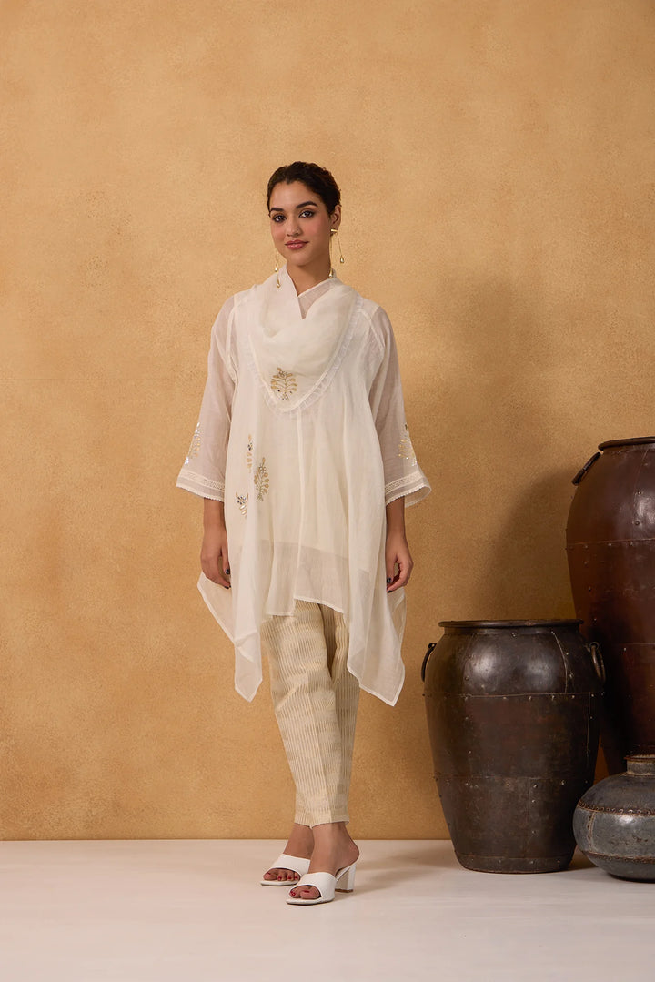 Asymmetric Cowl Tunic Set with Side Embroidery in Off-White