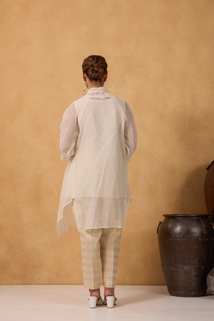Asymmetric Cowl Tunic Set with Side Embroidery in Off-White
