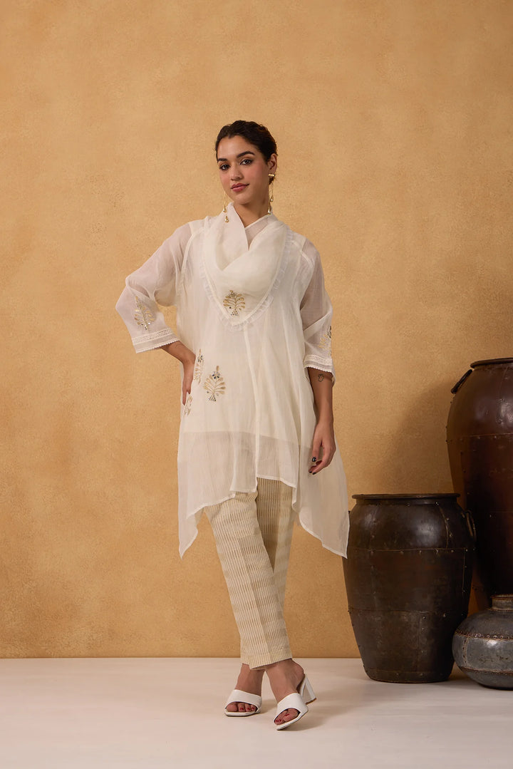 Asymmetric Cowl Tunic Set with Side Embroidery in Off-White