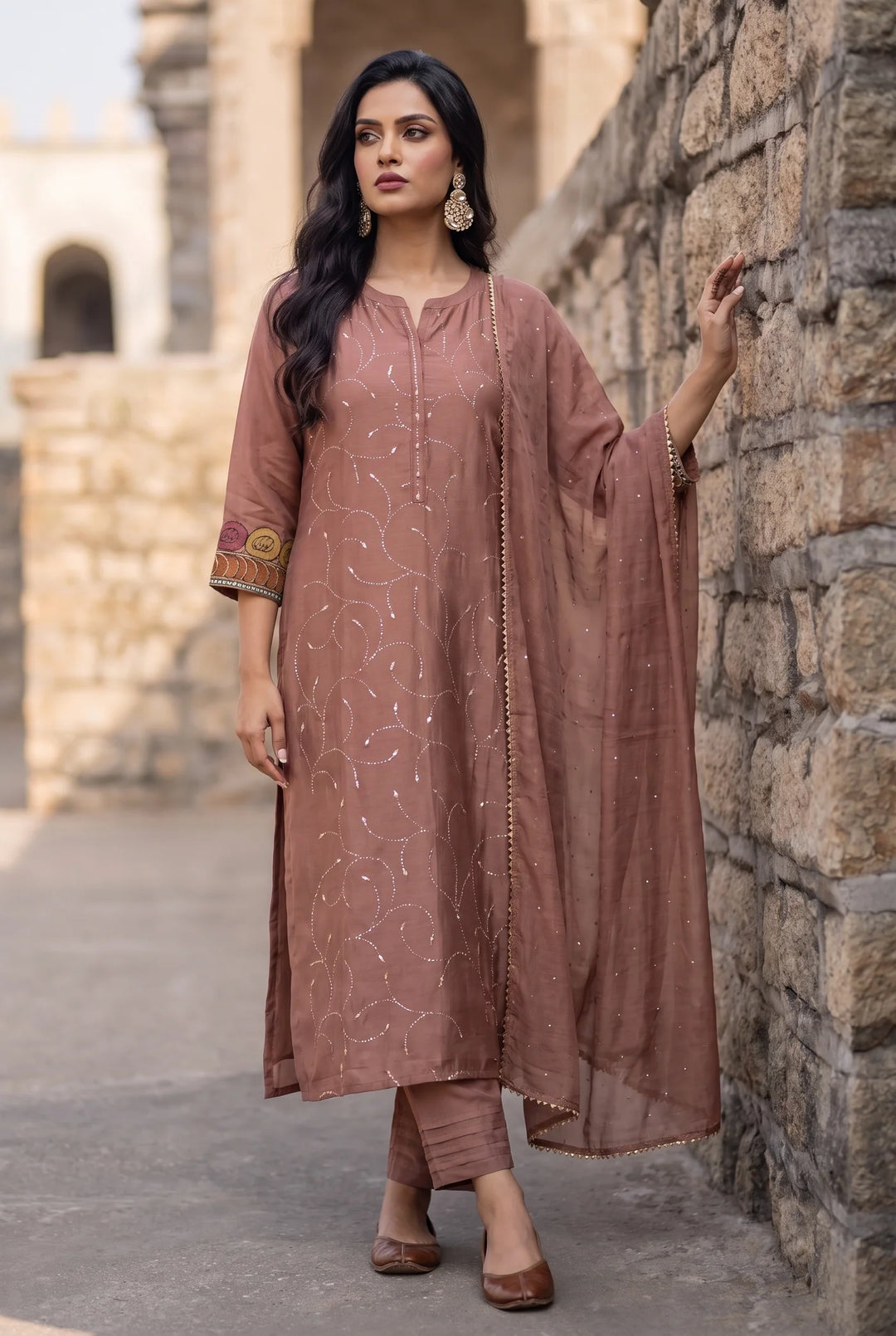 Yaira Mul Chadneri Kurta Set in Dusty Pink