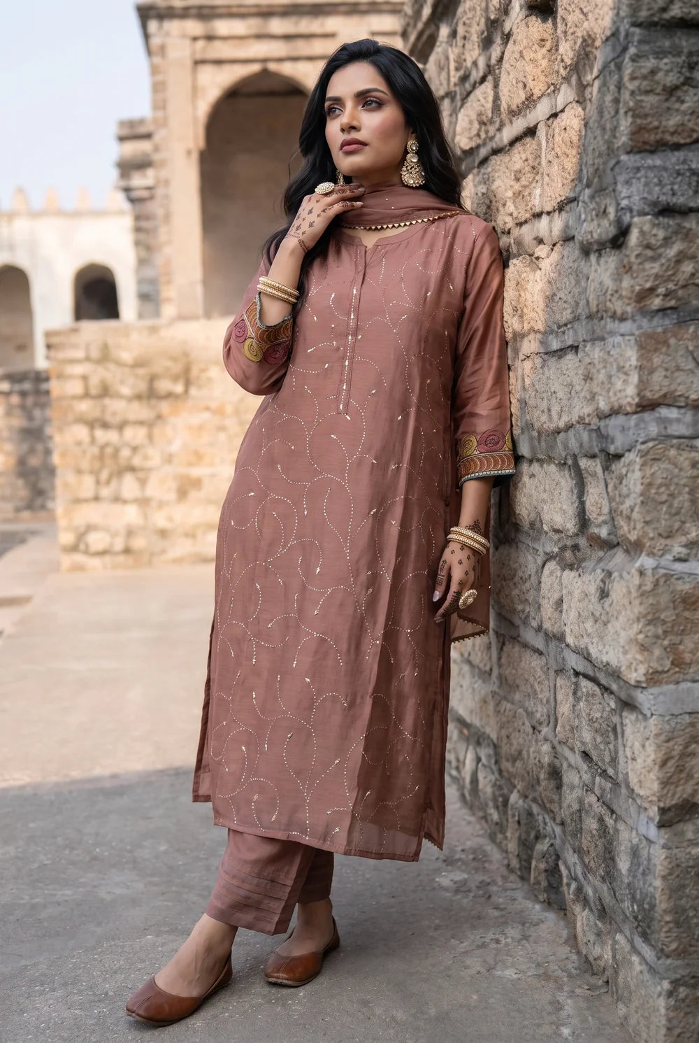 Yaira Mul Chadneri Kurta Set in Dusty Pink