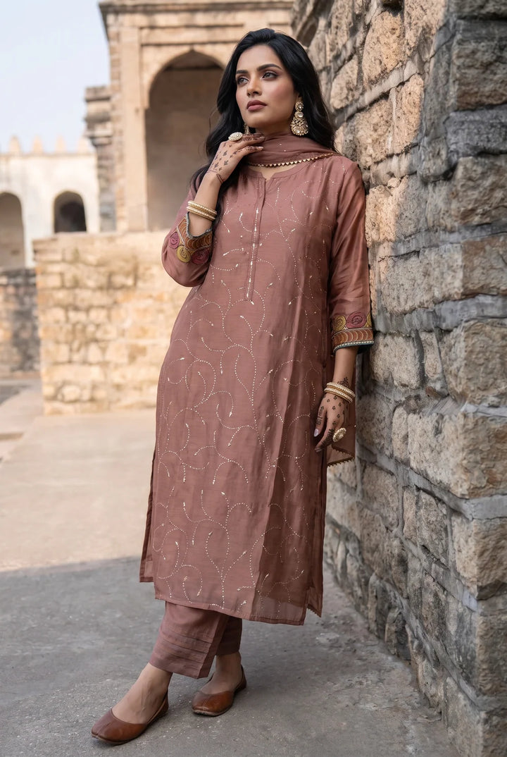 Yaira Mul Chadneri Kurta Set in Dusty Pink