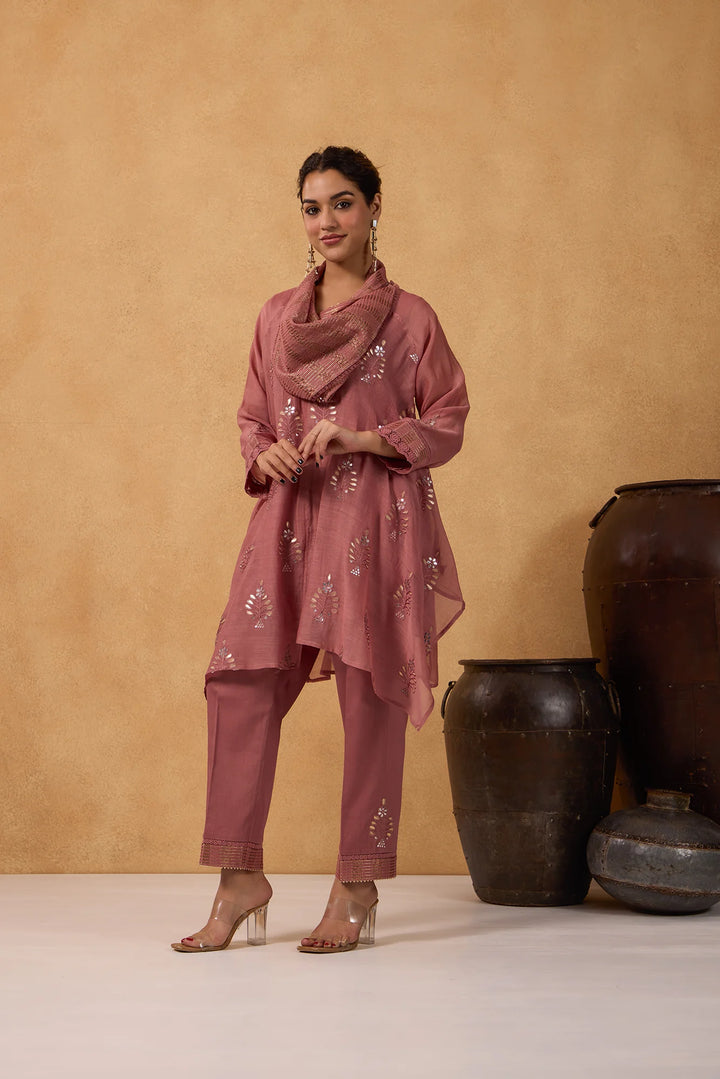 Asymmetric Embroidered Cowl Tunic Set in Tea-Rose