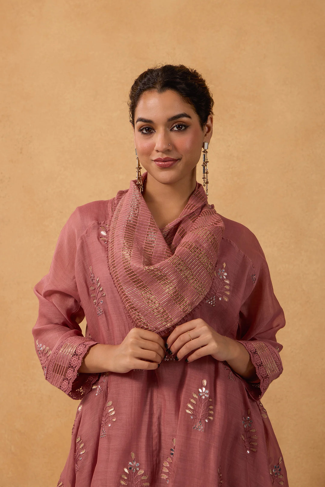 Asymmetric Embroidered Cowl Tunic Set in Tea-Rose