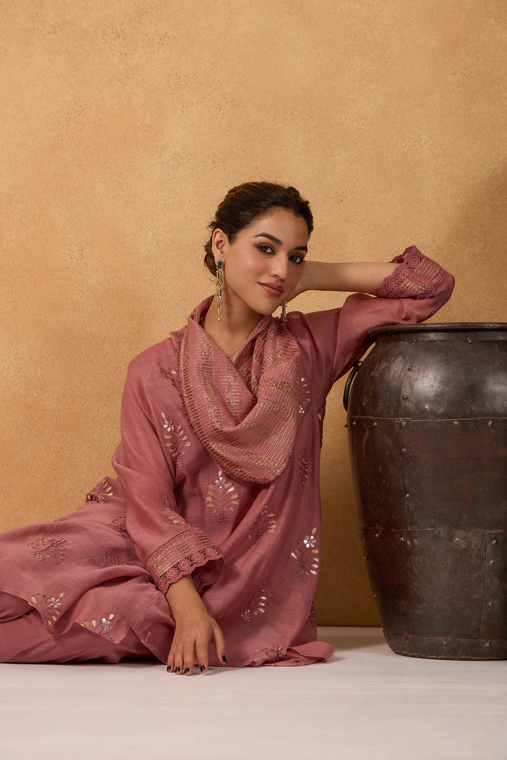 Asymmetric Embroidered Cowl Tunic Set in Tea-Rose