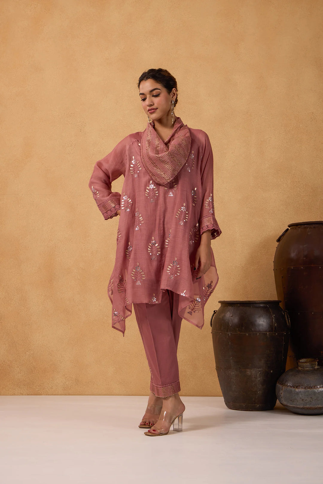 Asymmetric Embroidered Cowl Tunic Set in Tea-Rose