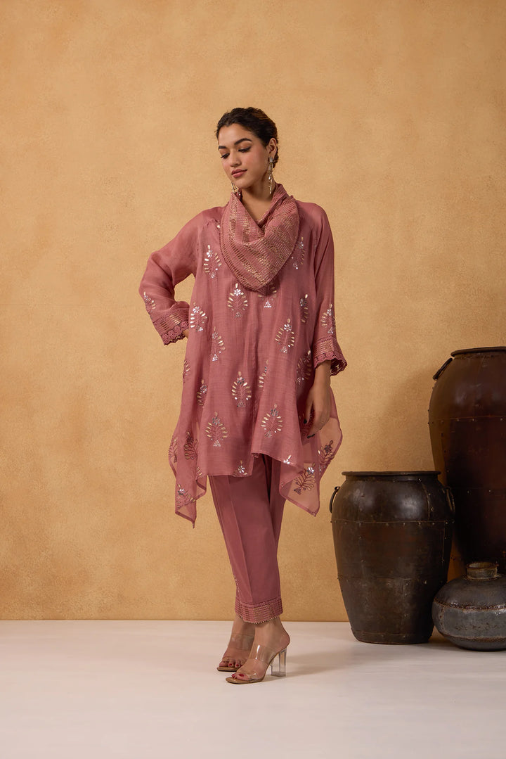 Asymmetric Embroidered Cowl Tunic Set in Tea-Rose