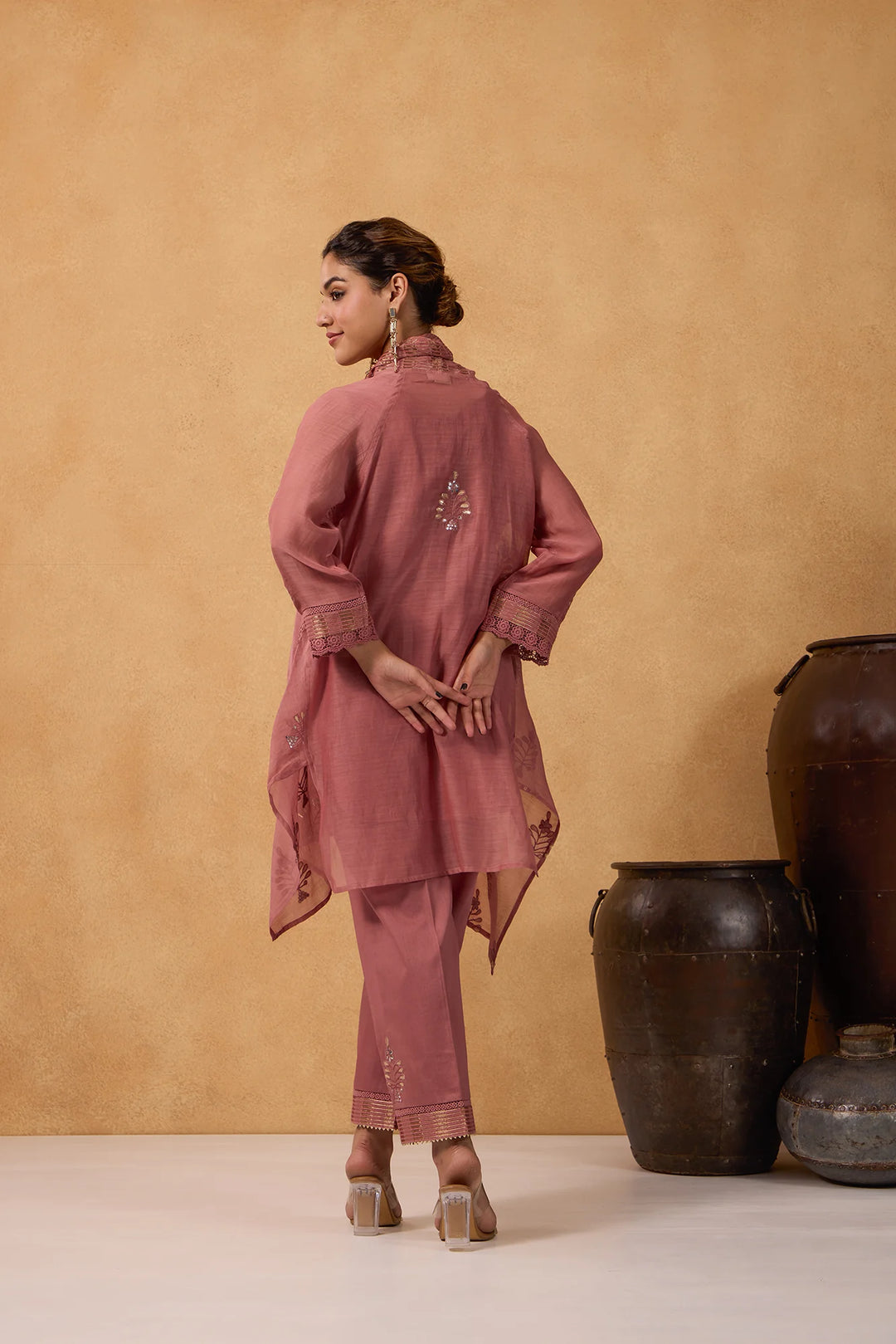 Asymmetric Embroidered Cowl Tunic Set in Tea-Rose