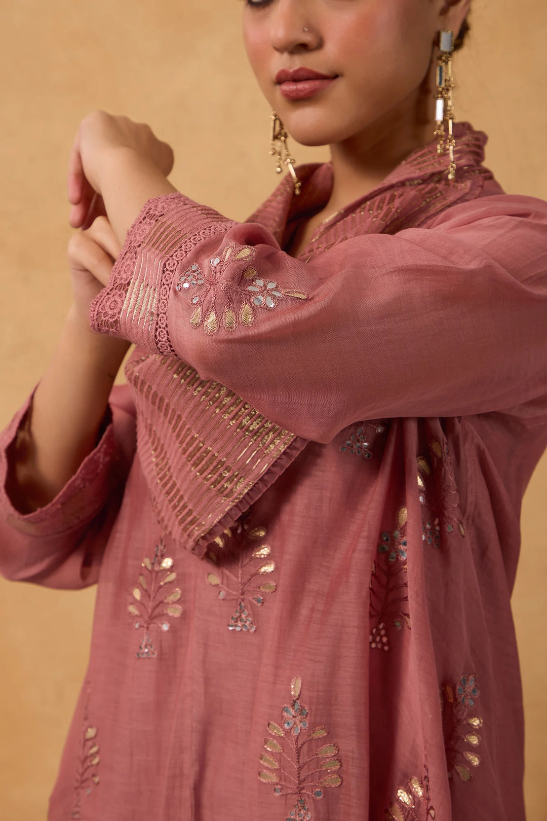 Asymmetric Embroidered Cowl Tunic Set in Tea-Rose