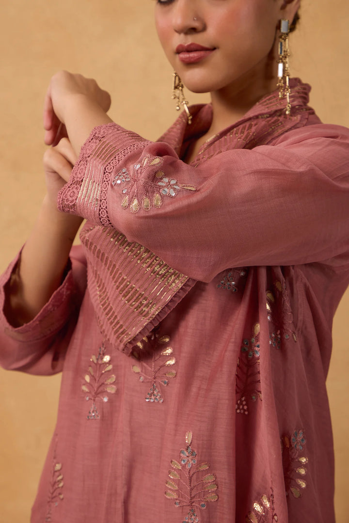 Asymmetric Embroidered Cowl Tunic Set in Tea-Rose