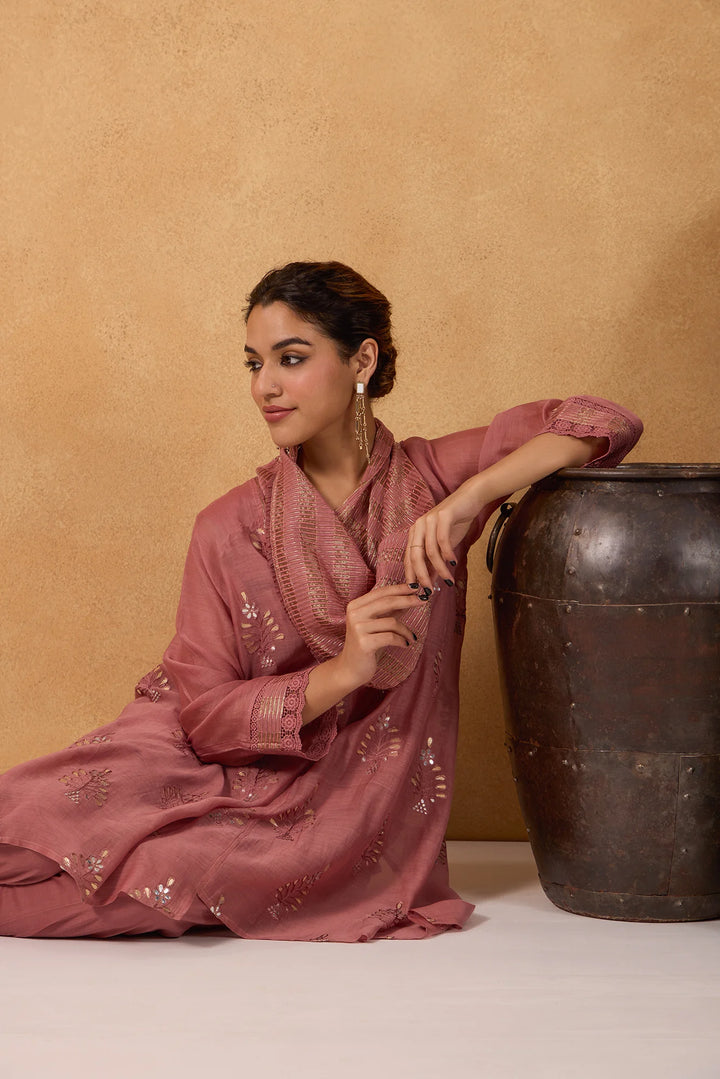 Asymmetric Embroidered Cowl Tunic Set in Tea-Rose