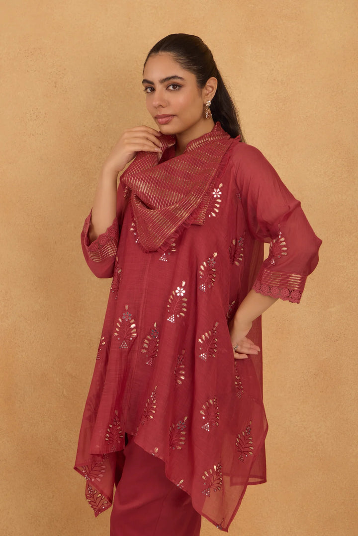 Asymmetric Embroidered Cowl Tunic Set in Brick Red