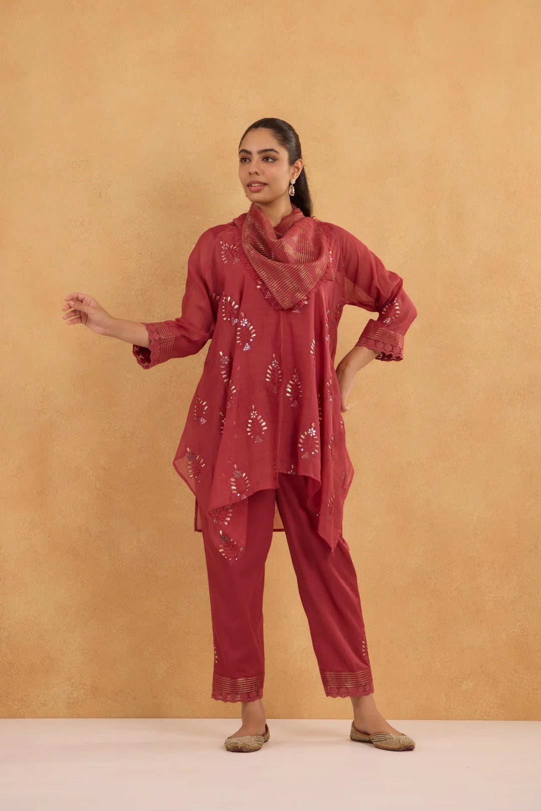 Asymmetric Embroidered Cowl Tunic Set in Brick Red