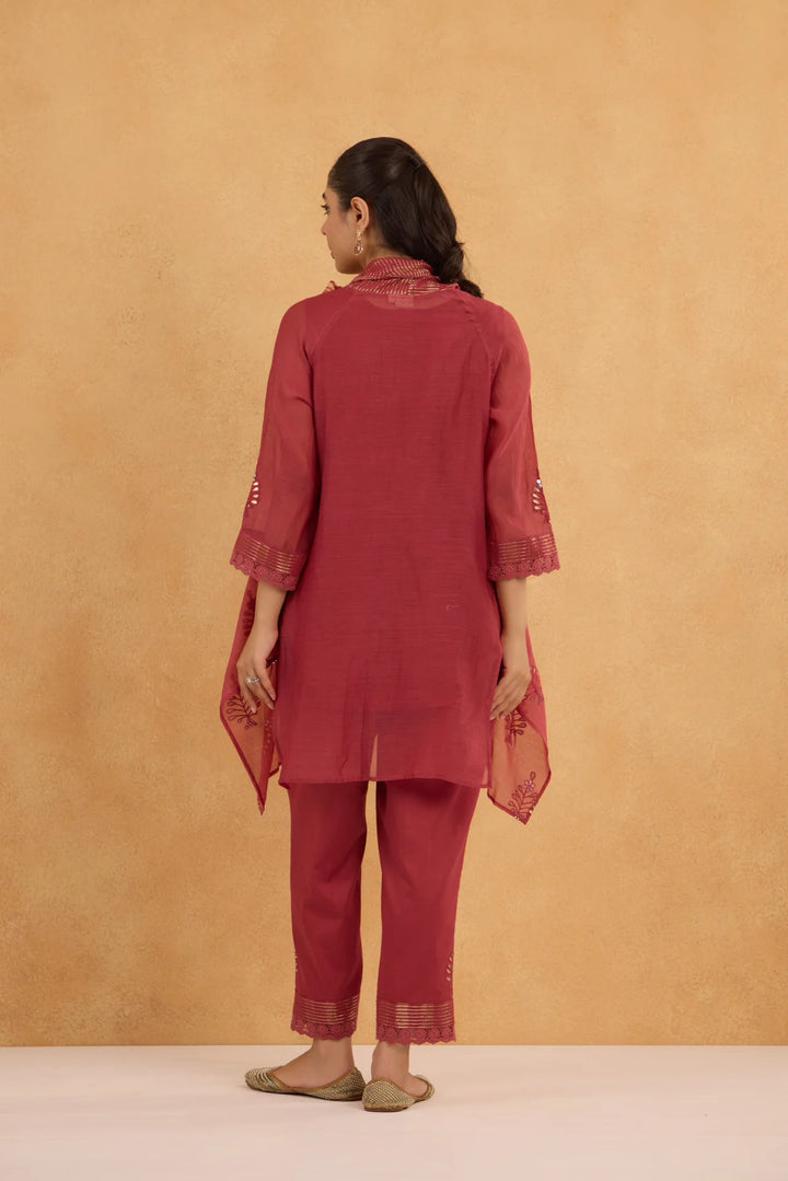 Asymmetric Embroidered Cowl Tunic Set in Brick Red