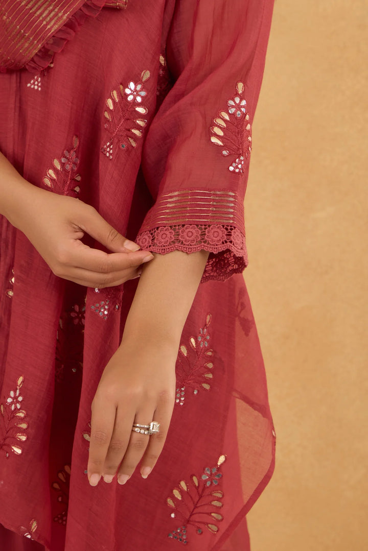 Asymmetric Embroidered Cowl Tunic Set in Brick Red