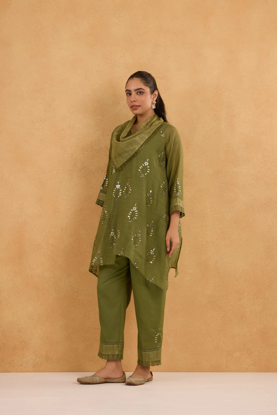 Asymmetric Embroidered Cowl Tunic Set in Forest Green