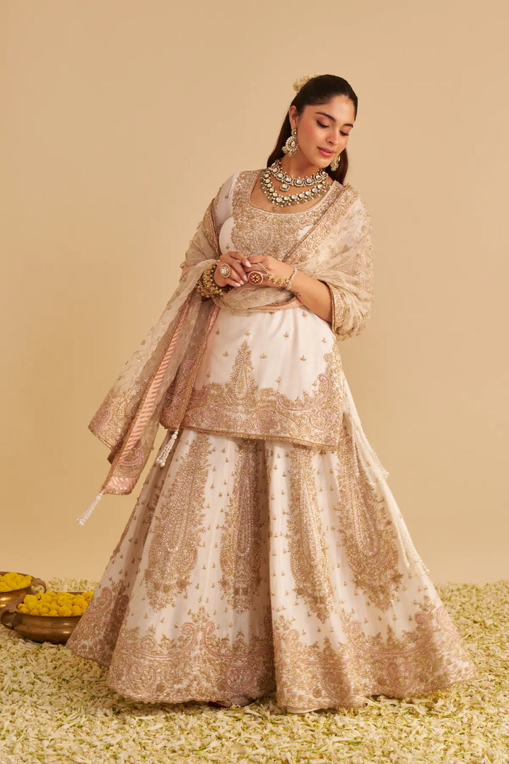 Woman in traditional Sharara with beige and white patterns on a beige background