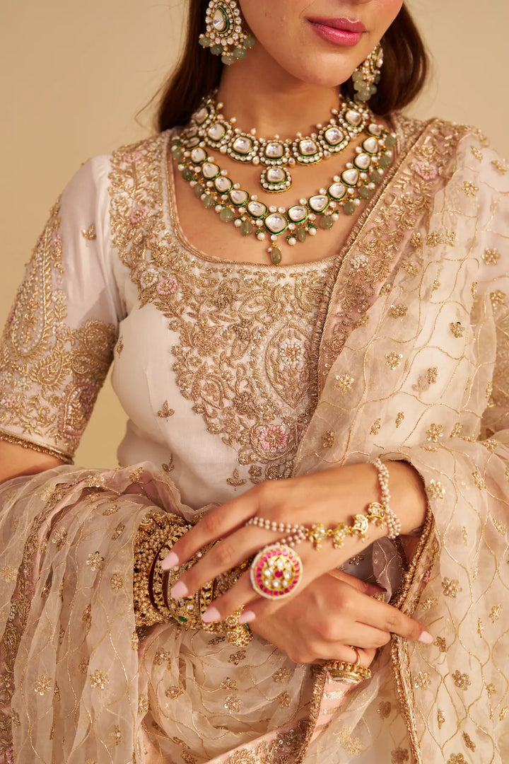 Close-up of a person wearing traditional embroidered Sharara with jewellery on a beige background