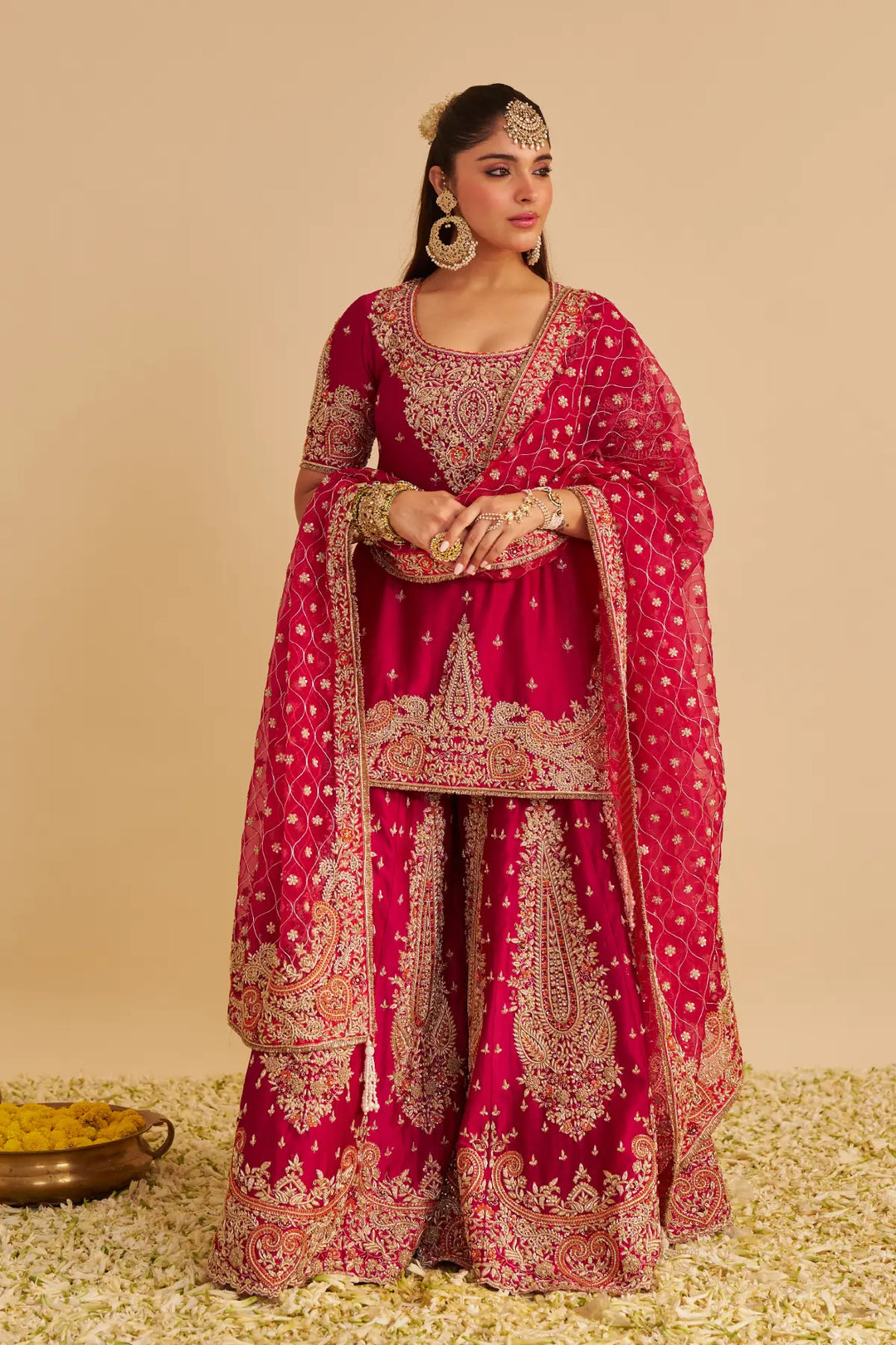 Woman in a traditional red and gold embroidered Sharara on a beige background