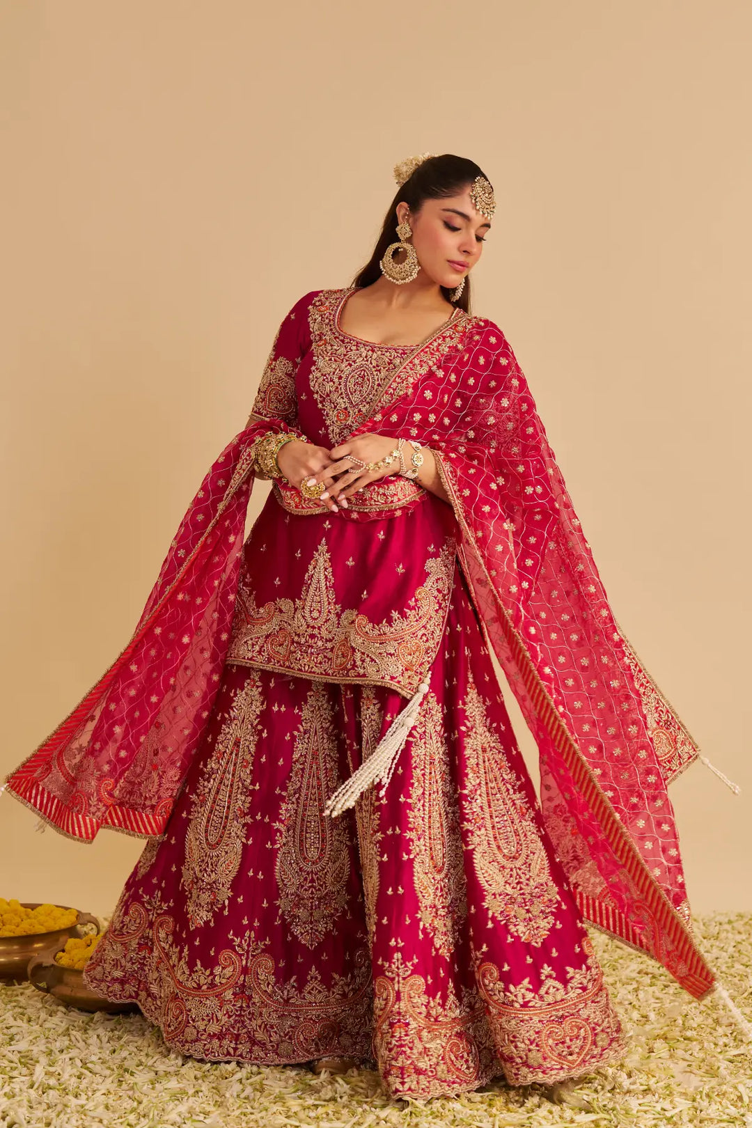 Woman in a traditional red and gold embroidered Sharara with a matching dupatta against a beige background