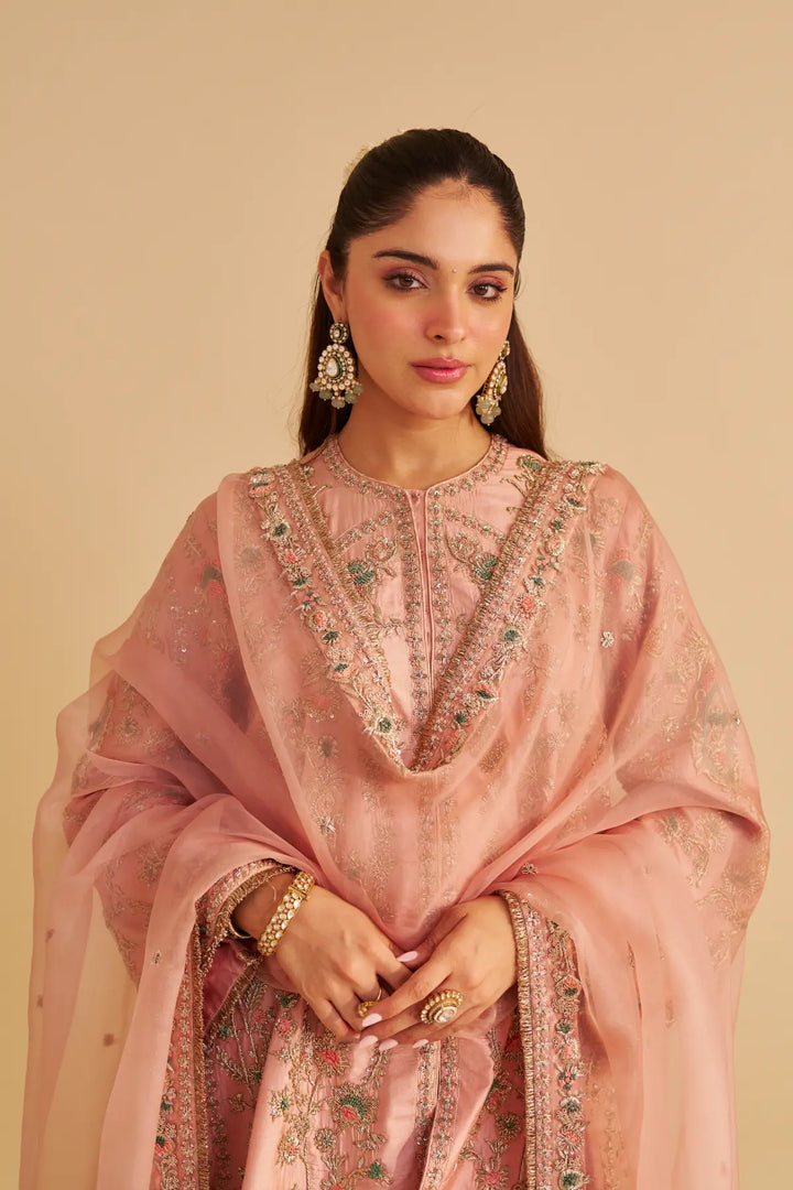 Woman wearing a traditional pink embroidered outfit against a beige background