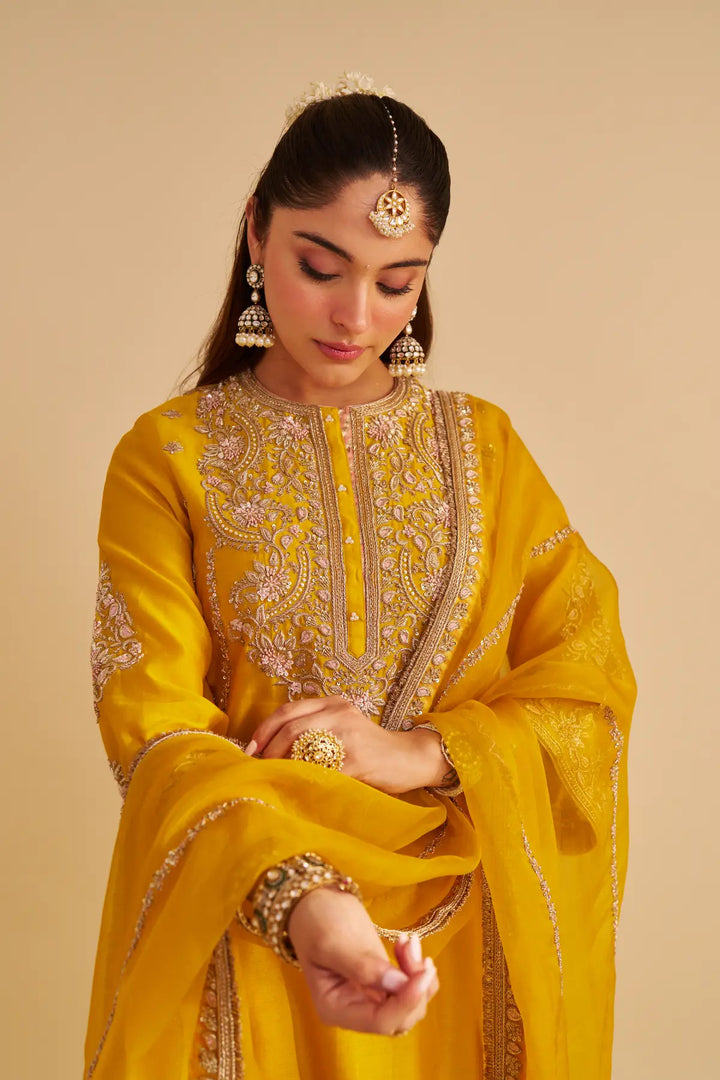 Woman wearing a yellow embroidered traditional outfit with gold jewelry against a beige background