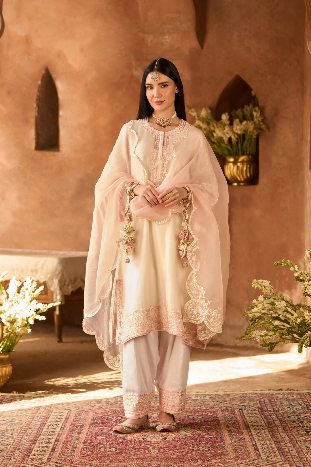 Anam - Daisy Ivory With Pink A-line Kurta With Salwar And Dupatta