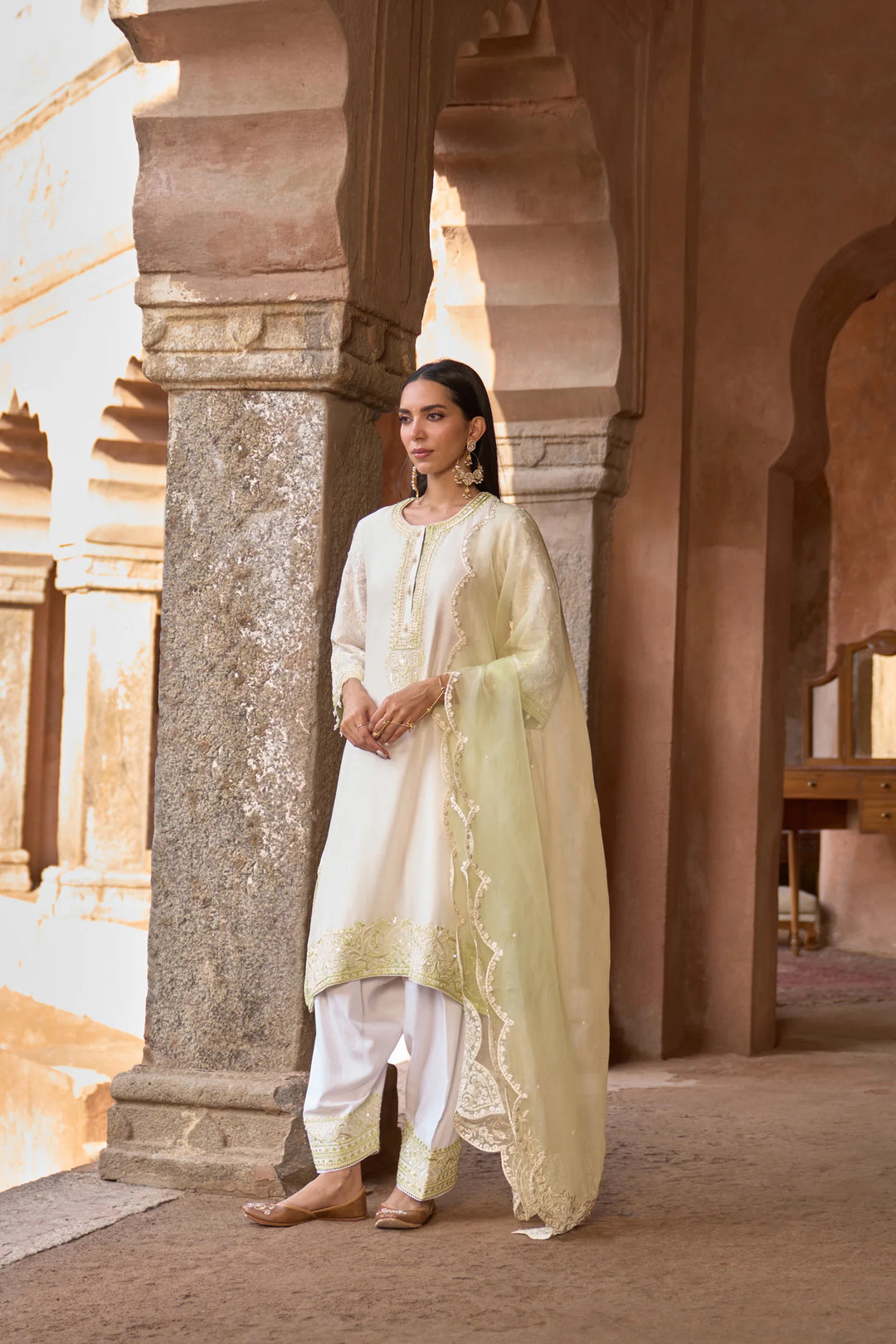 Anam - Daisy Ivory With Mint Green A-line Kurta With Salwar And Dupatta