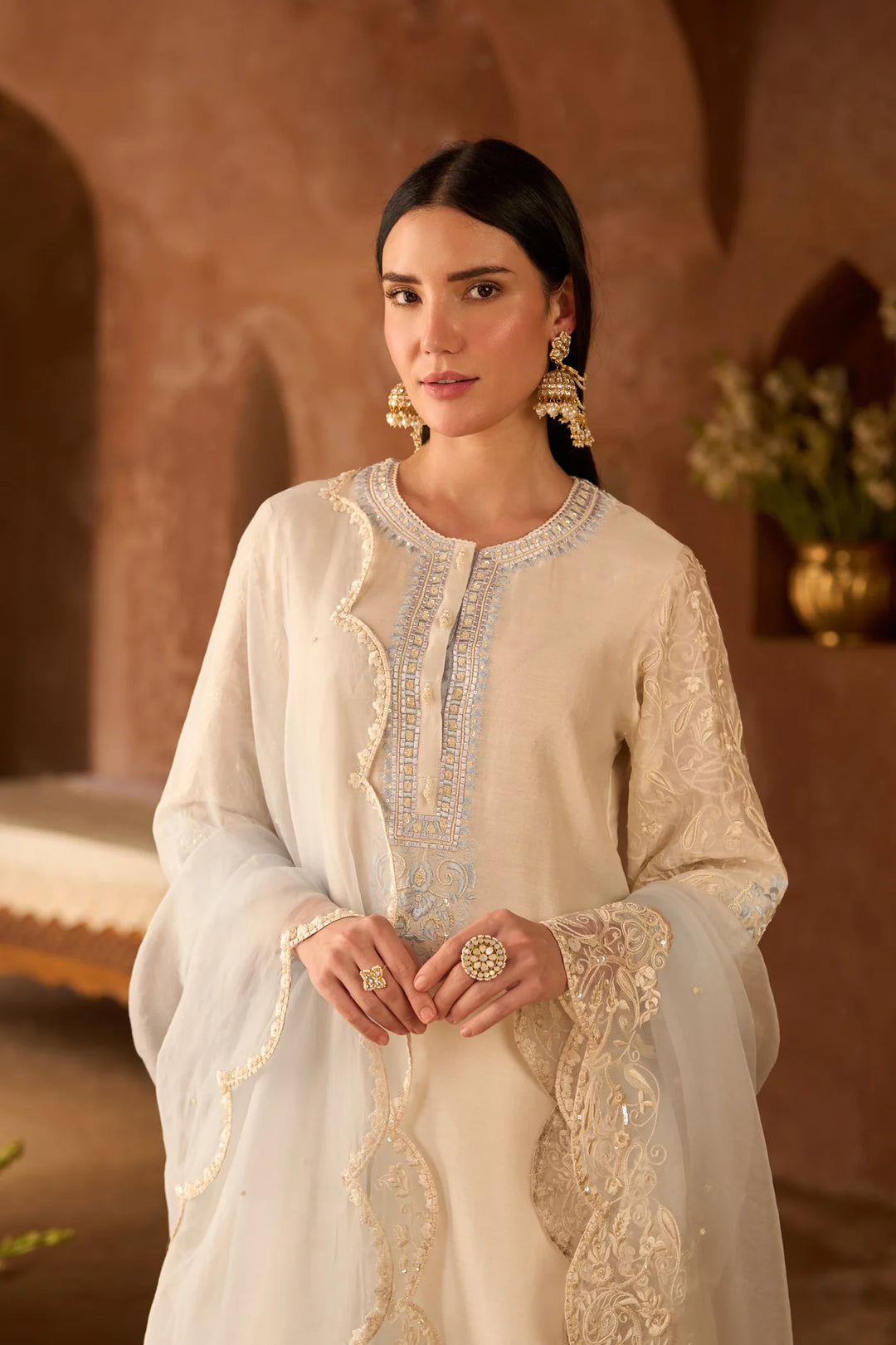 Anam - Daisy Ivory With Blue A-line Kurta With Salwar And Dupatta
