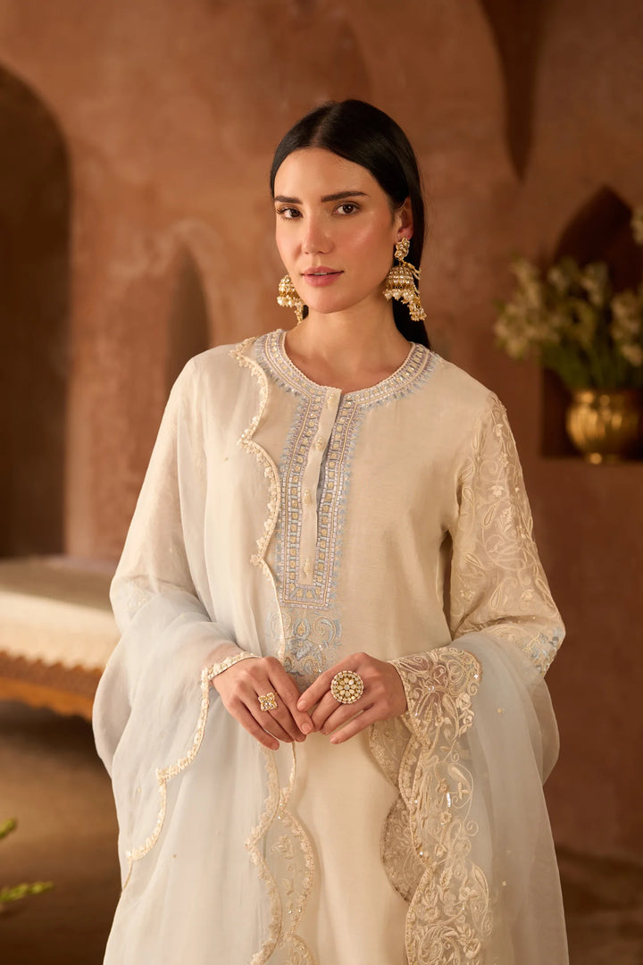Anam - Daisy Ivory With Blue A-line Kurta With Salwar And Dupatta